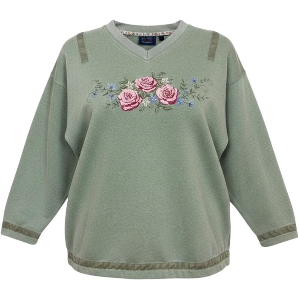 Renee Sport Sweatshirt Womens Medium‎ Sage Green Good Floral Embroidered V-Neck